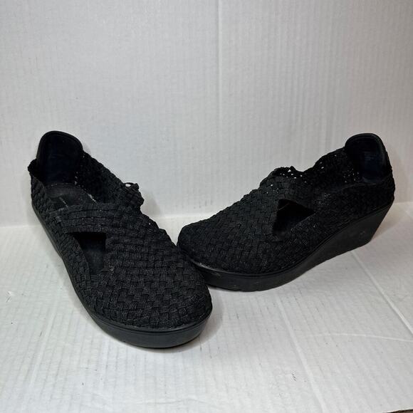 Steven Size 10 Slip On Round Toe Textile Wedge Heel Caspar Mary Jane Flat Black - Picture 2 of 11
